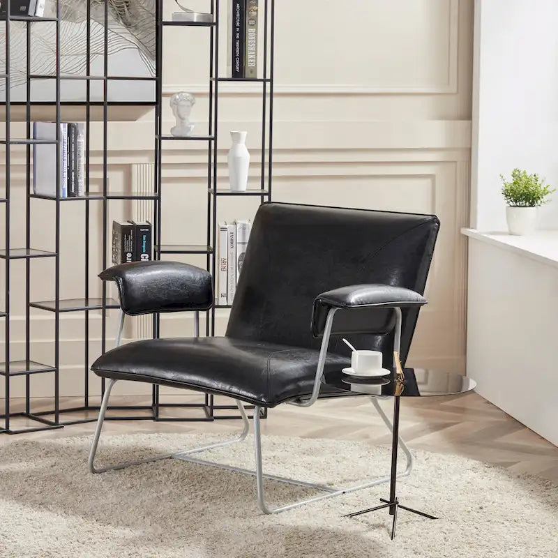 PU Leather Lounge Accent Arm Chair with Metal Frame, Black and Brown
