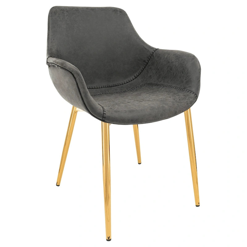 Fauteuil moderne rembourré en cuir vieilli, pieds en métal doré, marron clair