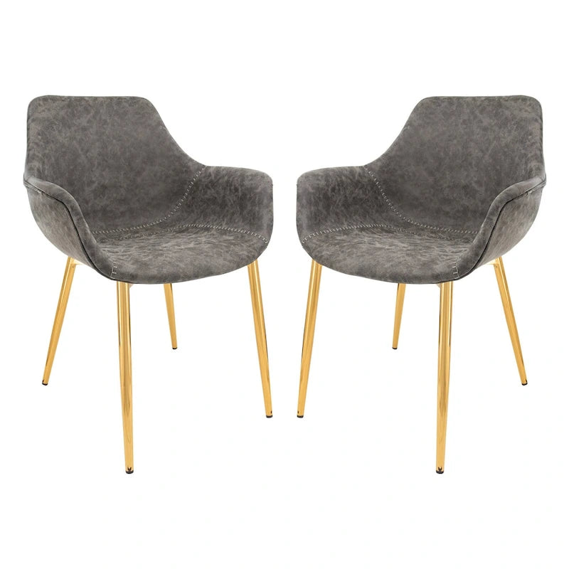 Fauteuil moderne rembourré en cuir vieilli, pieds en métal doré, marron clair