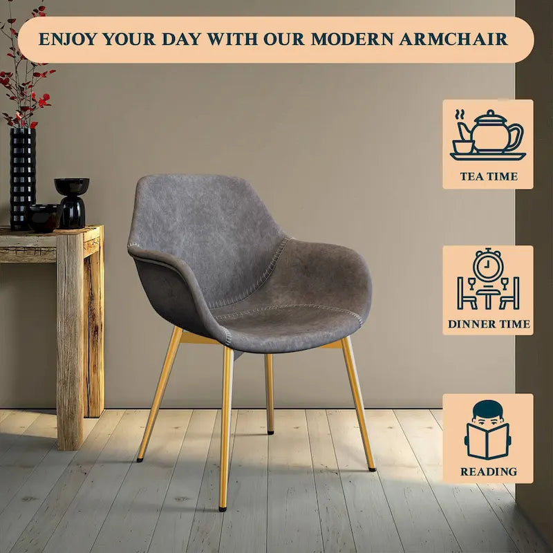 Fauteuil moderne rembourré en cuir vieilli, pieds en métal doré, marron clair
