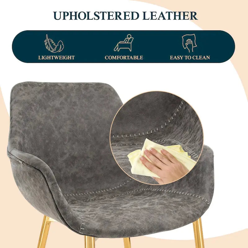 Fauteuil moderne rembourré en cuir vieilli, pieds en métal doré, marron clair