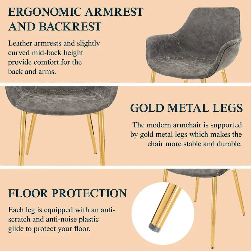 Fauteuil moderne rembourré en cuir vieilli, pieds en métal doré, marron clair