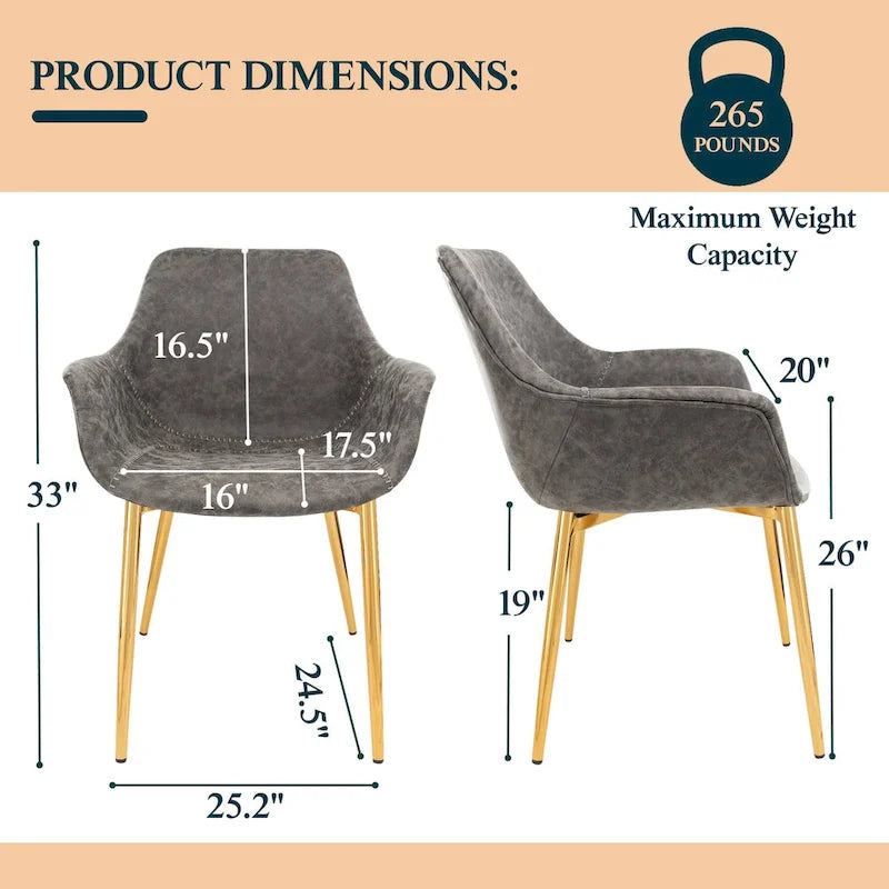 Fauteuil moderne rembourré en cuir vieilli, pieds en métal doré, marron clair