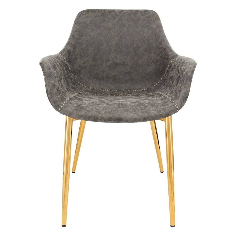 Fauteuil moderne rembourré en cuir vieilli, pieds en métal doré, marron clair