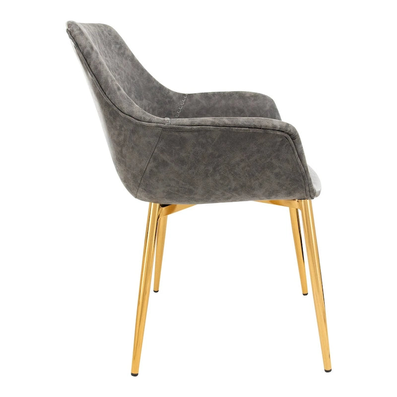 Fauteuil moderne rembourré en cuir vieilli, pieds en métal doré, marron clair