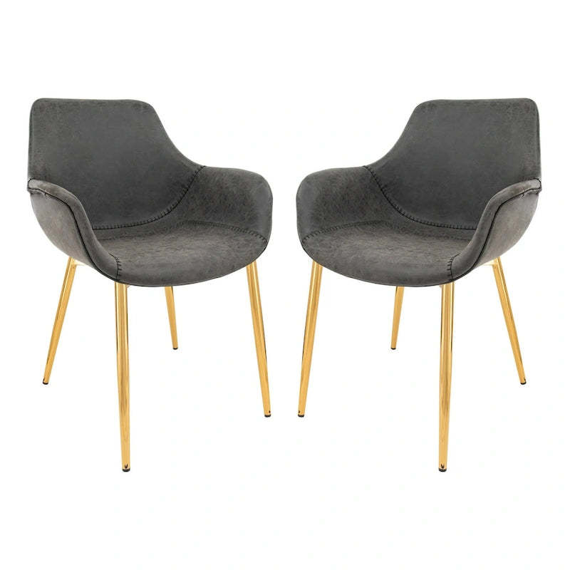 Fauteuil moderne rembourré en cuir vieilli, pieds en métal doré, marron clair