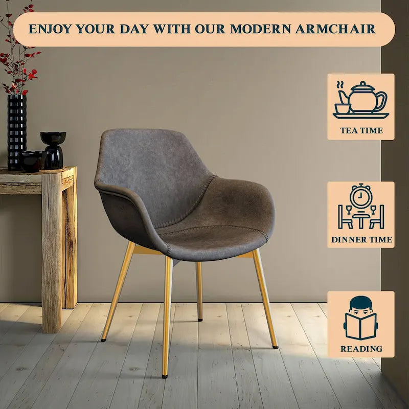 Fauteuil moderne rembourré en cuir vieilli, pieds en métal doré, marron clair
