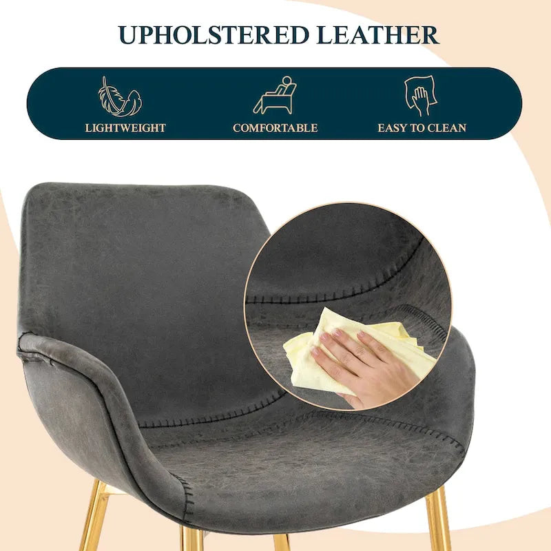 Fauteuil moderne rembourré en cuir vieilli, pieds en métal doré, marron clair