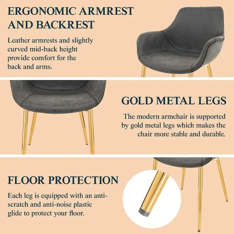 Fauteuil moderne rembourré en cuir vieilli, pieds en métal doré, marron clair