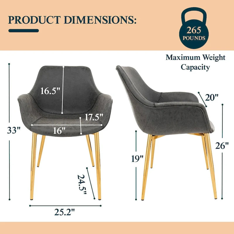 Fauteuil moderne rembourré en cuir vieilli, pieds en métal doré, marron clair