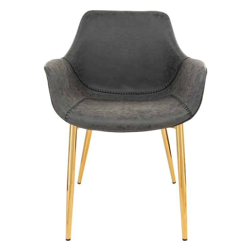 Fauteuil moderne rembourré en cuir vieilli, pieds en métal doré, marron clair