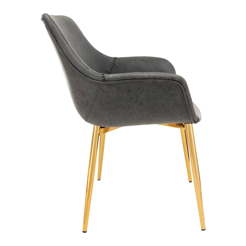 Fauteuil moderne rembourré en cuir vieilli, pieds en métal doré, marron clair