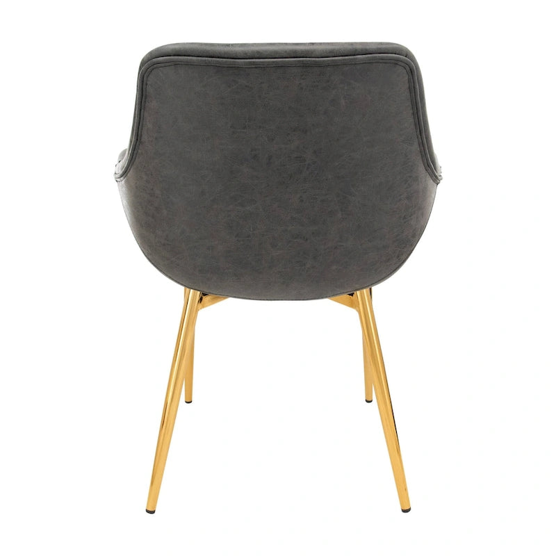 Fauteuil moderne rembourré en cuir vieilli, pieds en métal doré, marron clair