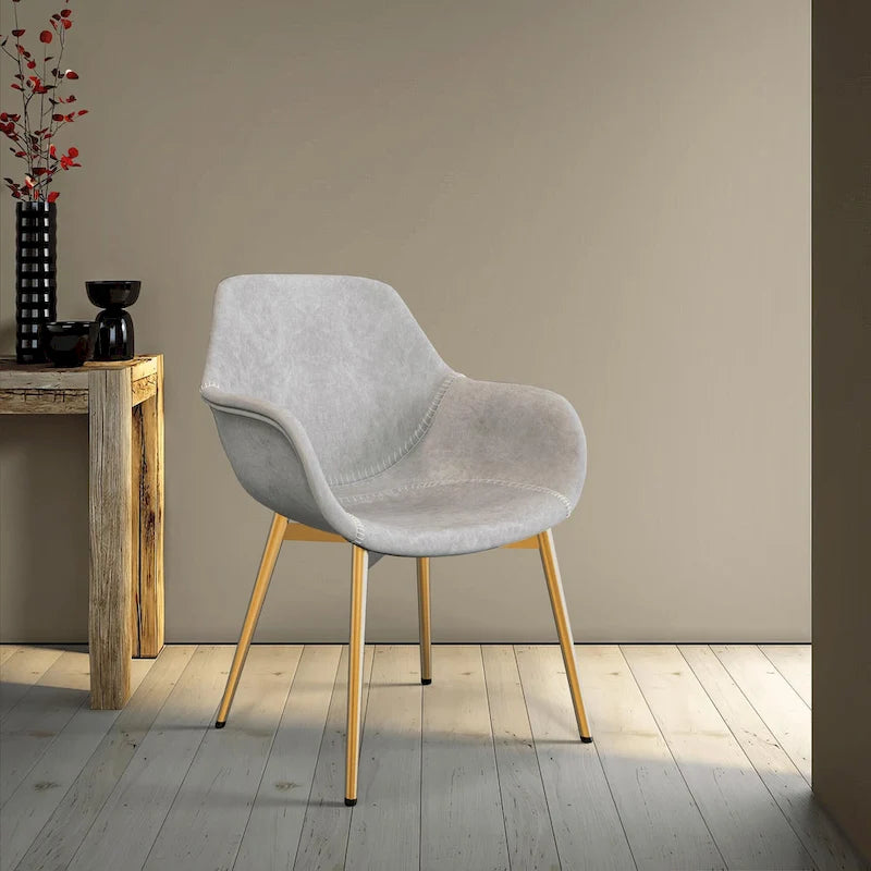 Fauteuil moderne rembourré en cuir vieilli, pieds en métal doré, marron clair