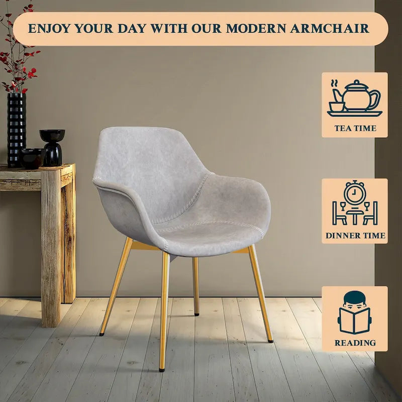 Fauteuil moderne rembourré en cuir vieilli, pieds en métal doré, marron clair