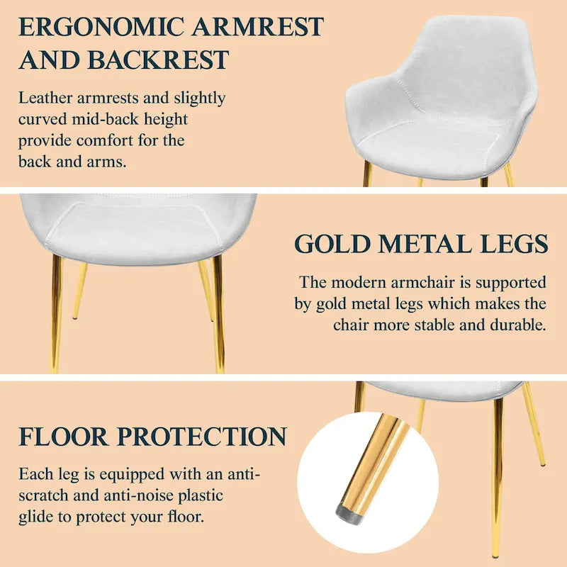 Fauteuil moderne rembourré en cuir vieilli, pieds en métal doré, marron clair