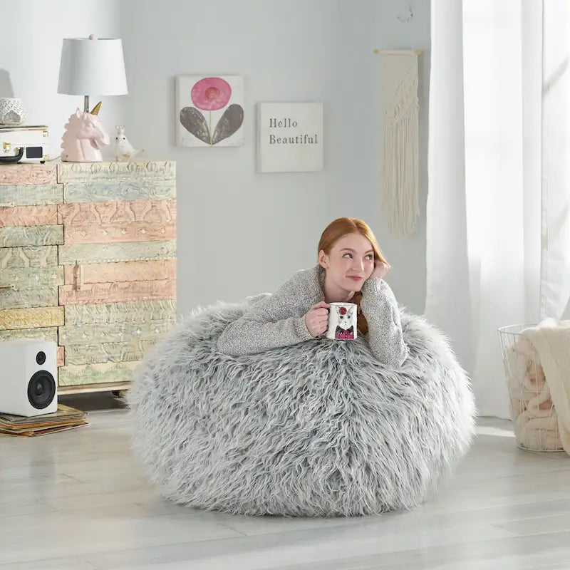 Shaggy Faux Fur Bean Bag Chair with Foam Filling and Removable Cover