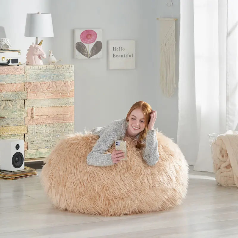 Shaggy Faux Fur Bean Bag Chair with Foam Filling and Removable Cover