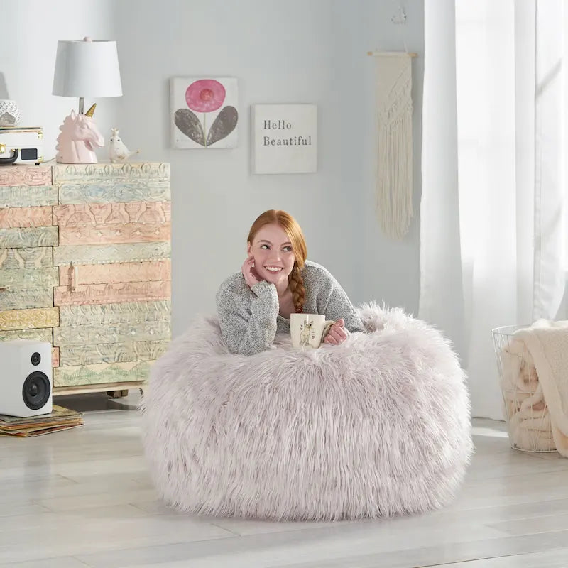 Shaggy Faux Fur Bean Bag Chair with Foam Filling and Removable Cover