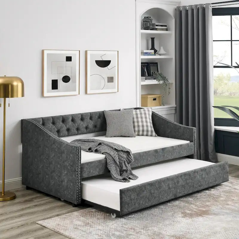 Button Tufted Upholstered Daybed with Nailhead Trim Beige Grey Fabric