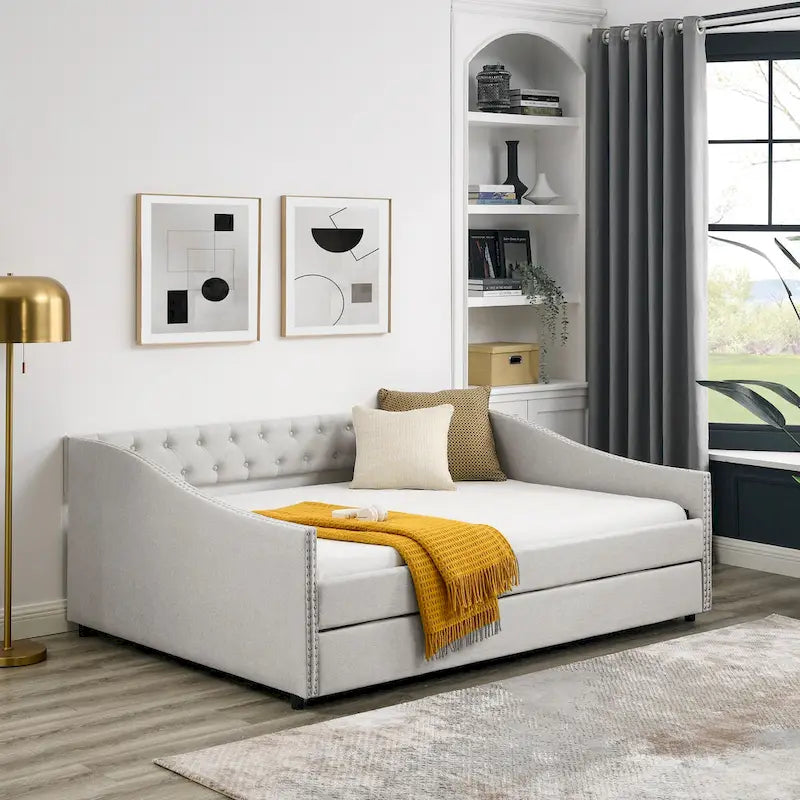Button Tufted Upholstered Daybed with Nailhead Trim Beige Grey Fabric