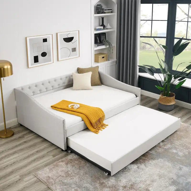 Button Tufted Upholstered Daybed with Nailhead Trim Beige Grey Fabric