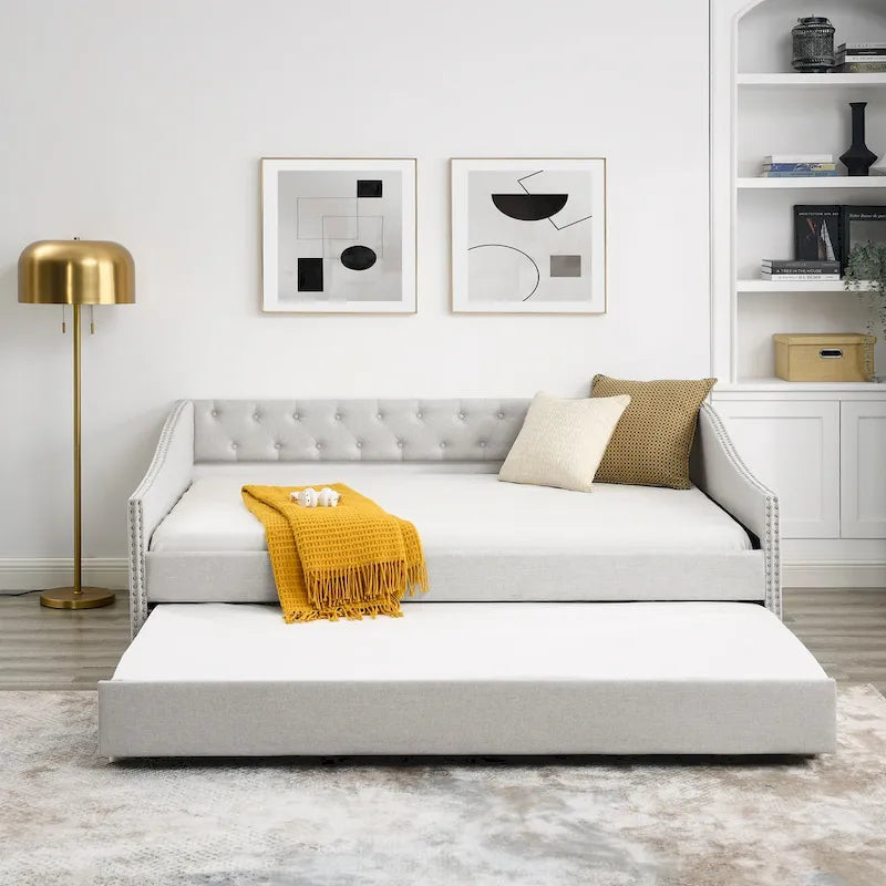 Button Tufted Upholstered Daybed with Nailhead Trim Beige Grey Fabric