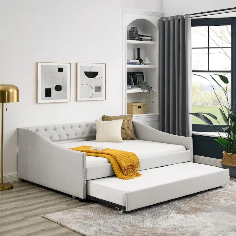 Button Tufted Upholstered Daybed with Nailhead Trim Beige Grey Fabric
