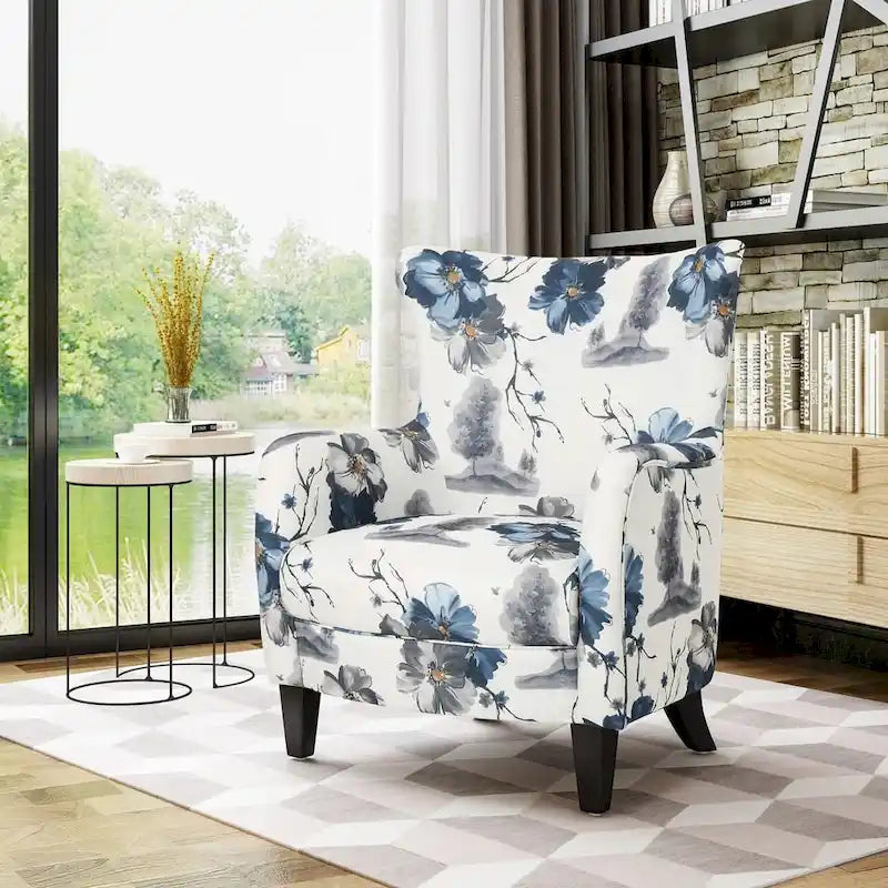 Contemporary Wingback Club Chair Upholstered in Print Polyester Fabric with Birch Wood Legs