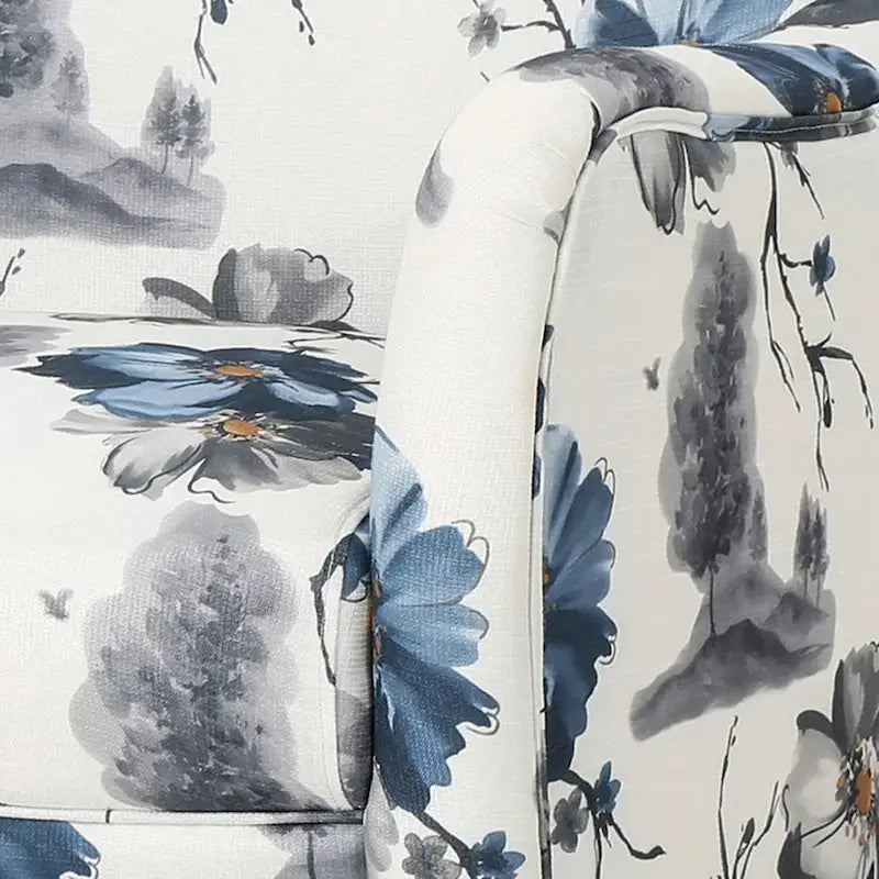 Contemporary Wingback Club Chair Upholstered in Print Polyester Fabric with Birch Wood Legs