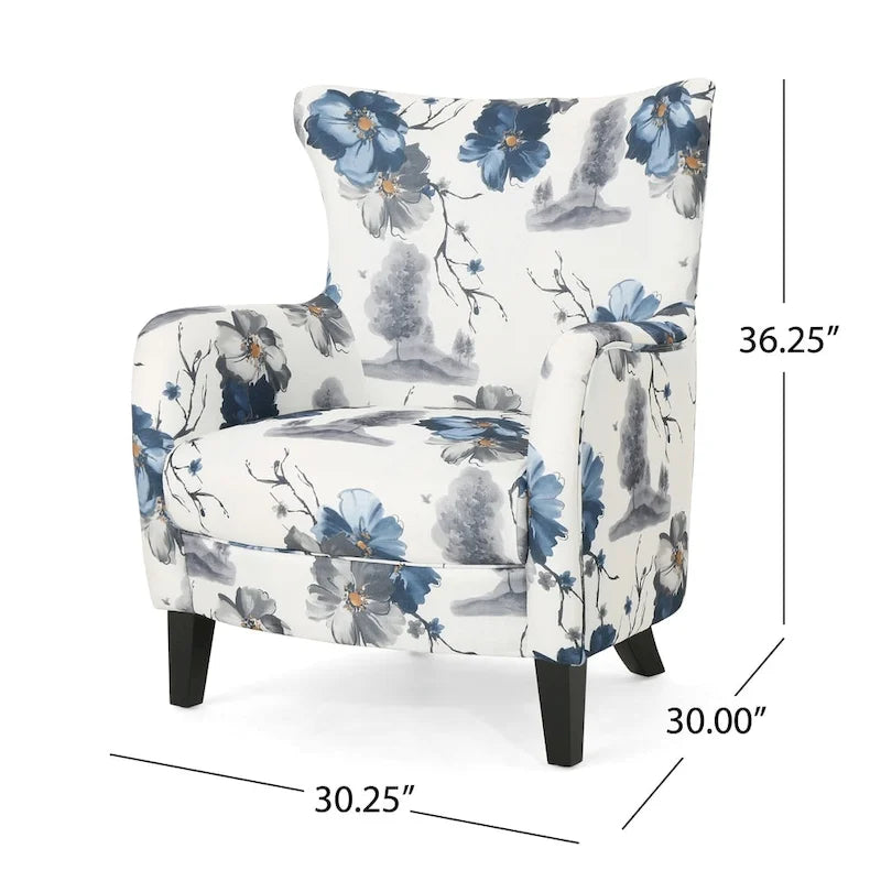 Contemporary Wingback Club Chair Upholstered in Print Polyester Fabric with Birch Wood Legs