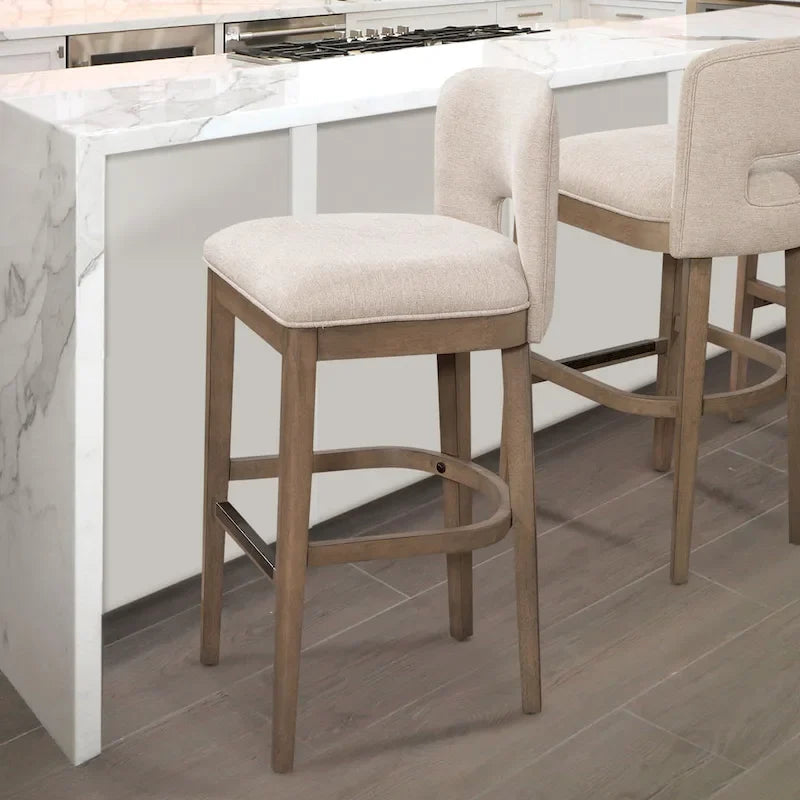 Mid-Century Modern Upholstered Counter Stool Solid Wood Chestnut Egret Fabric