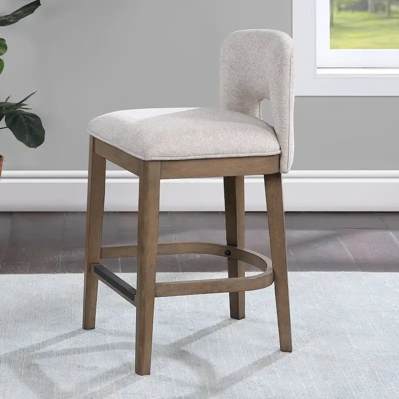 Mid-Century Modern Upholstered Counter Stool Solid Wood Chestnut Egret Fabric