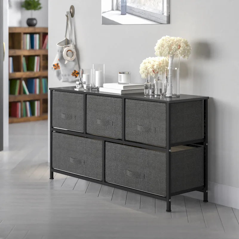 5-Drawer Wide Storage Dresser with Wood Top & Fabric Pull Drawers, White/Black Frame