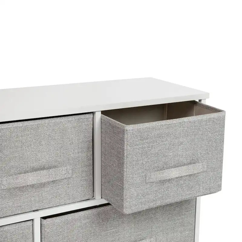 5-Drawer Wide Storage Dresser with Wood Top & Fabric Pull Drawers, White/Black Frame