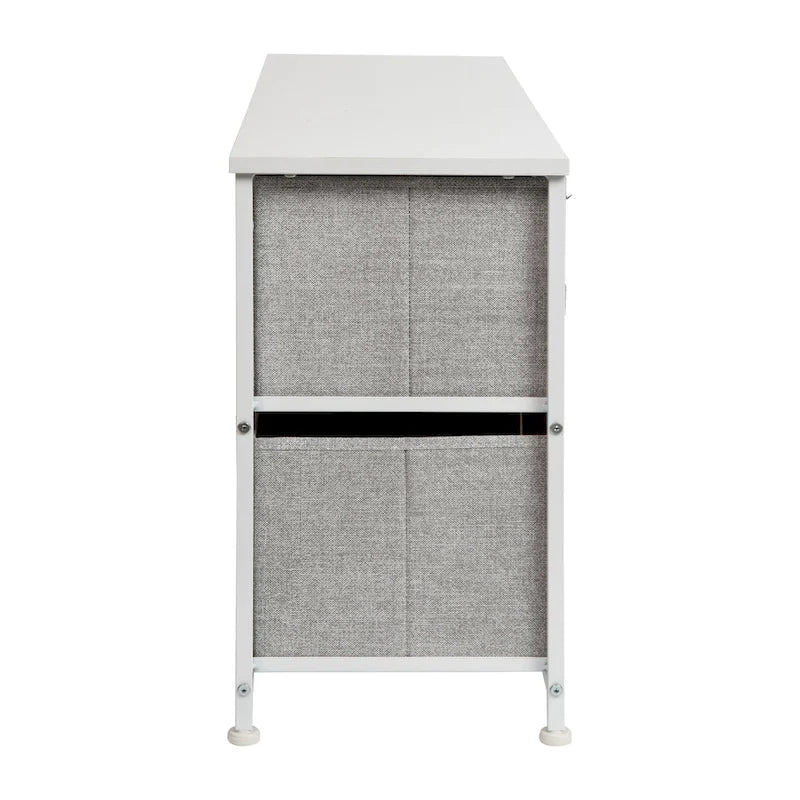 5-Drawer Wide Storage Dresser with Wood Top & Fabric Pull Drawers, White/Black Frame