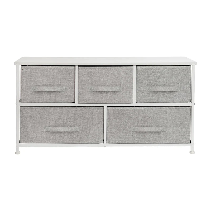 5-Drawer Wide Storage Dresser with Wood Top & Fabric Pull Drawers, White/Black Frame