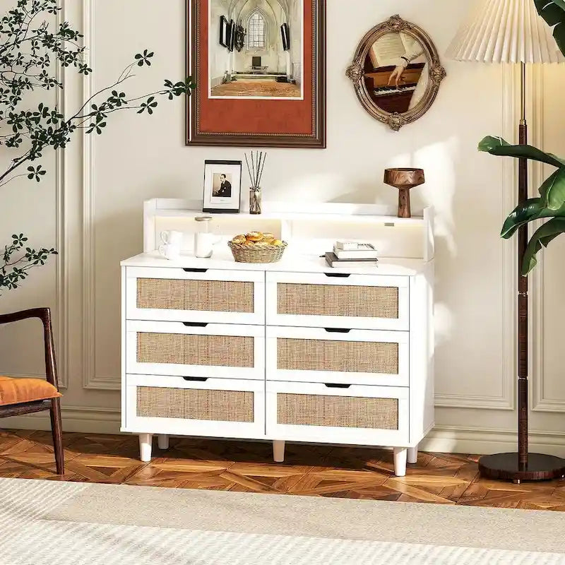 6-Drawer Rattan Dresser with LED Light Strip and Built-In Power Outlet