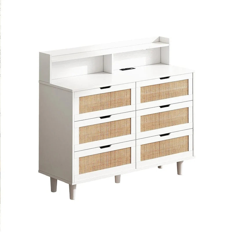 6-Drawer Rattan Dresser with LED Light Strip and Built-In Power Outlet