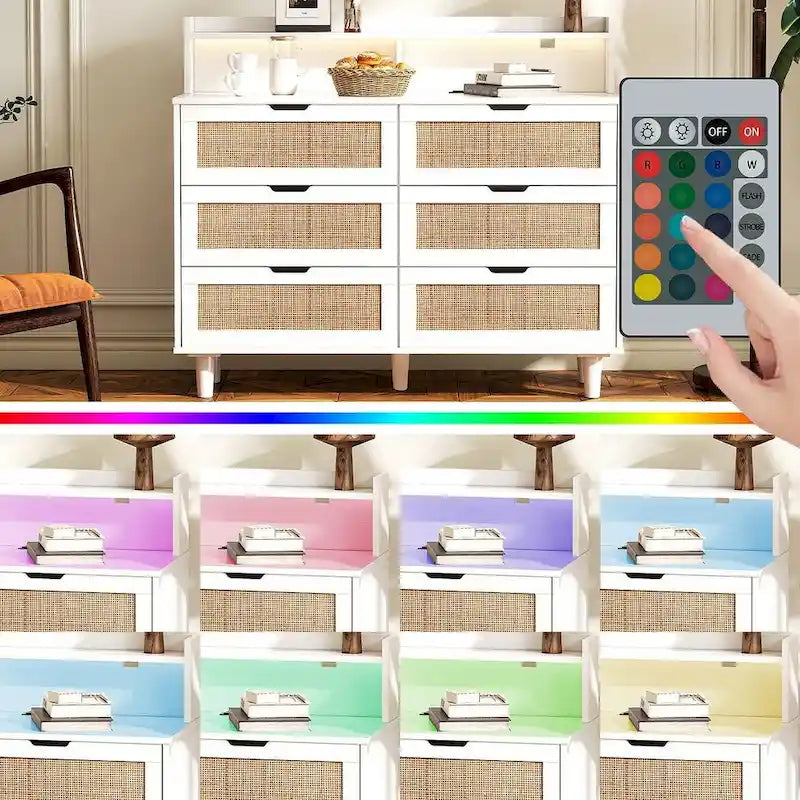 6-Drawer Rattan Dresser with LED Light Strip and Built-In Power Outlet