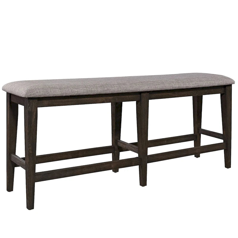 Dark Chestnut Upholstered Counter Height Bench with Gray Linen Seat