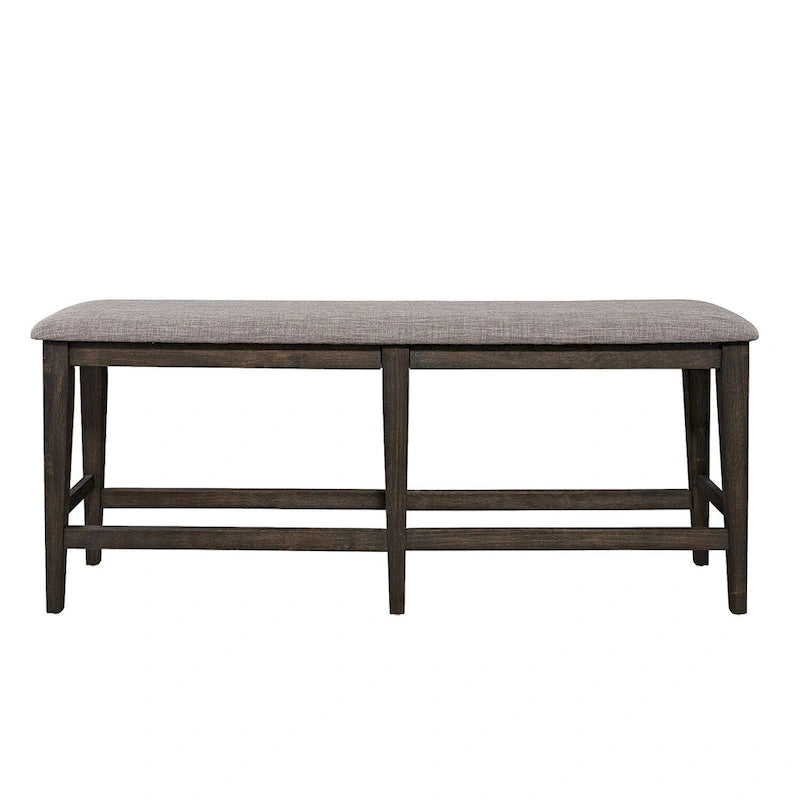 Dark Chestnut Upholstered Counter Height Bench with Gray Linen Seat