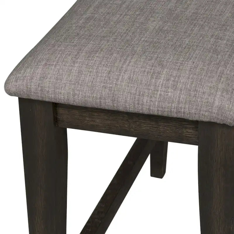 Dark Chestnut Upholstered Counter Height Bench with Gray Linen Seat