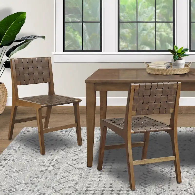 Faux Leather Woven Dining Chair Brown Mid-Century Modern Wood Frame