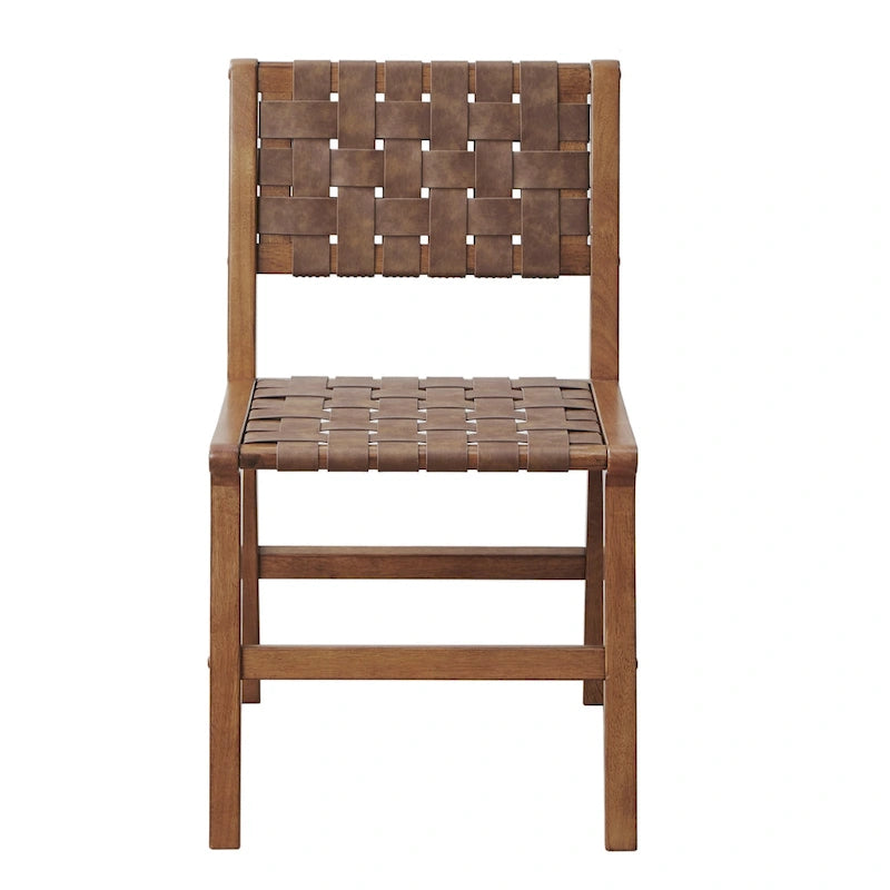 Faux Leather Woven Dining Chair Brown Mid-Century Modern Wood Frame
