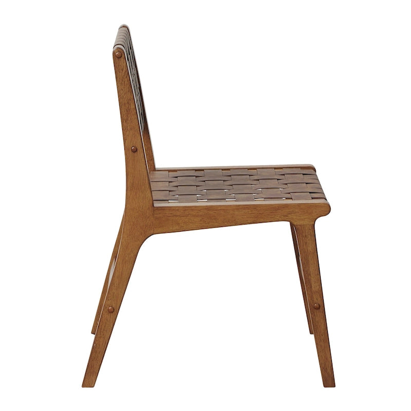 Faux Leather Woven Dining Chair Brown Mid-Century Modern Wood Frame