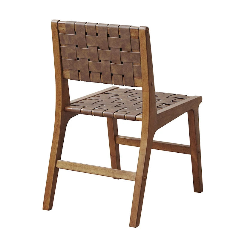 Faux Leather Woven Dining Chair Brown Mid-Century Modern Wood Frame