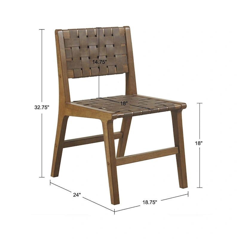 Faux Leather Woven Dining Chair Brown Mid-Century Modern Wood Frame