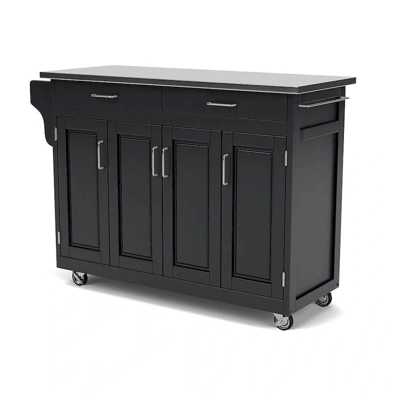 Black Rolling Kitchen Island Cart with Stainless Steel Top and Cabinet Storage