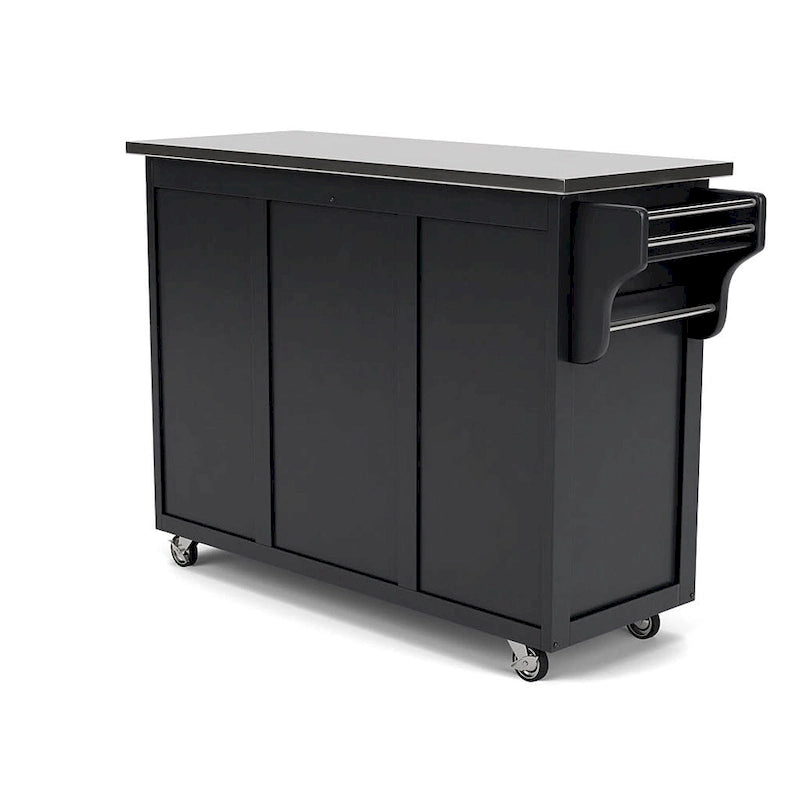 Black Rolling Kitchen Island Cart with Stainless Steel Top and Cabinet Storage